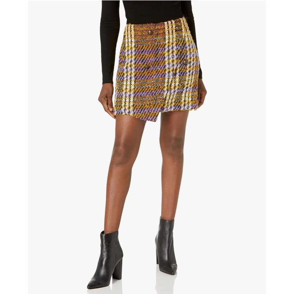 Ramy Brook Flossie Asymmetrical Purple Yellow Plaid Wrap Mini Skirt 2